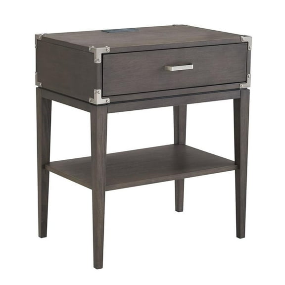 Pemberly Row Wood Drawer Nightstand Table with AC/USB Charger in Gray