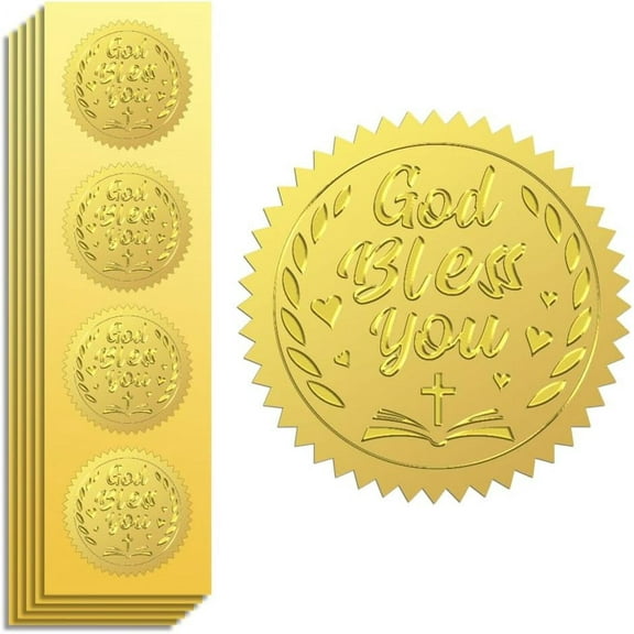 25 Sheet Gold Foil Stickers Seals Embossed God Bless You 2 Inch 100Pcs Self Adhesive Gold Around Embossing Sticker for Christian Envelope Seals Gift Card Thanksgiving Christmas Gift Decor