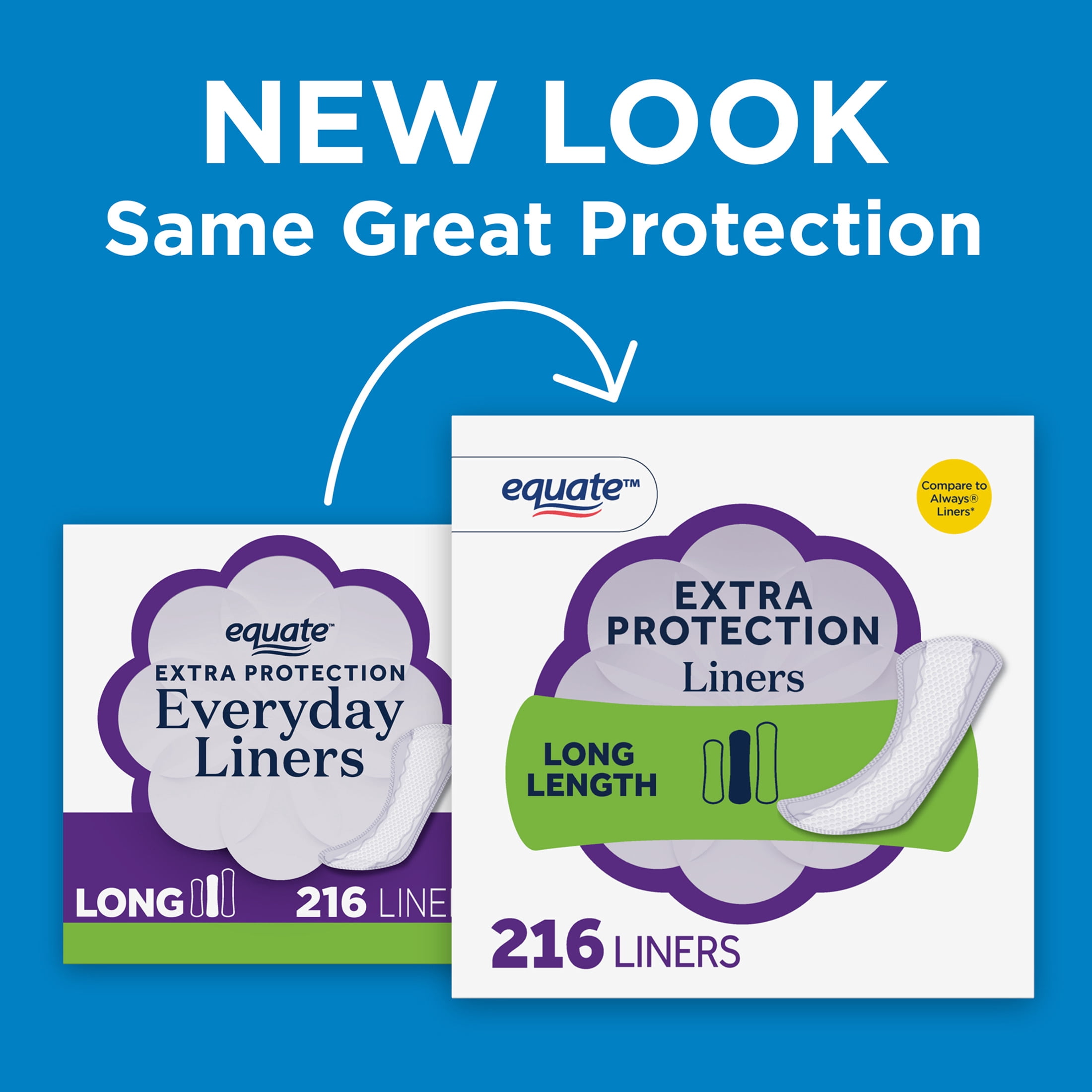 Equate Extra Protection Everyday Panty Liners, Long Length, Unscented, Compare to Always® (216 Total Count - 2 packs of 108 count each)