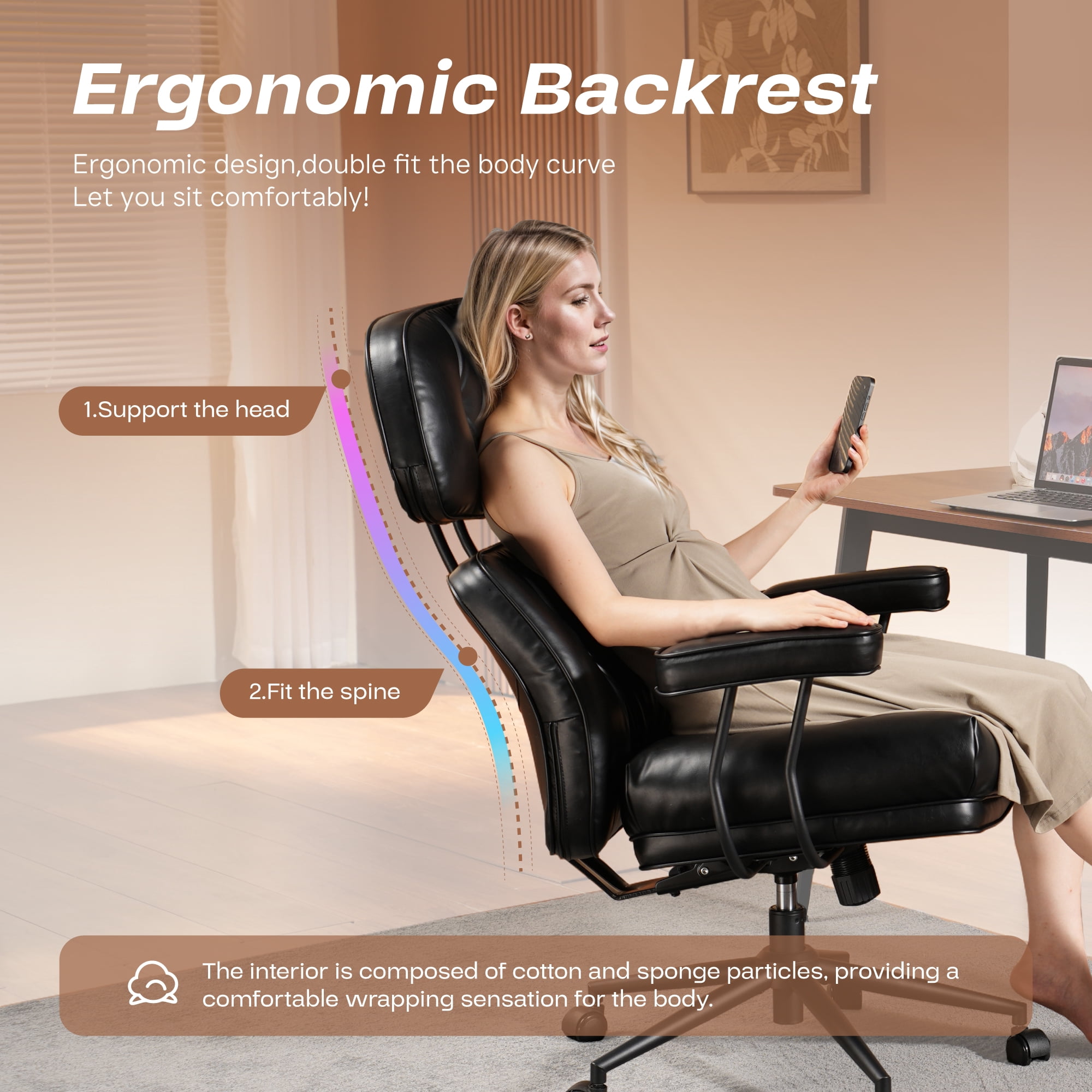 Toject Ergonomic Office Chair, High Back Comfy Home Office Chair with Lumbar Support, Mid-Century Modern Computer Executive Desk Chair with Thickened Cushions (PU Leather, Black)