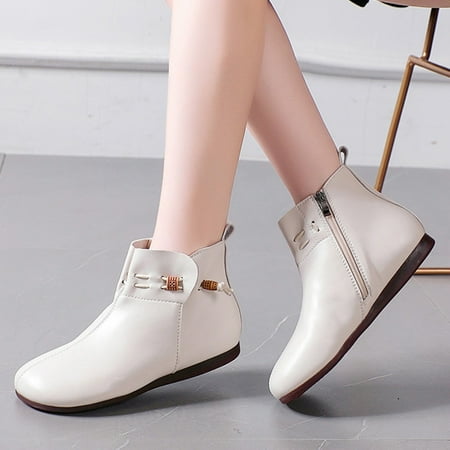 

Akiihool Womens Winter Boots Women s Zipper Booties Stacked Heel V Cutout Pointed Toe Stacked Mid Heel Booties (Beige 6.5)