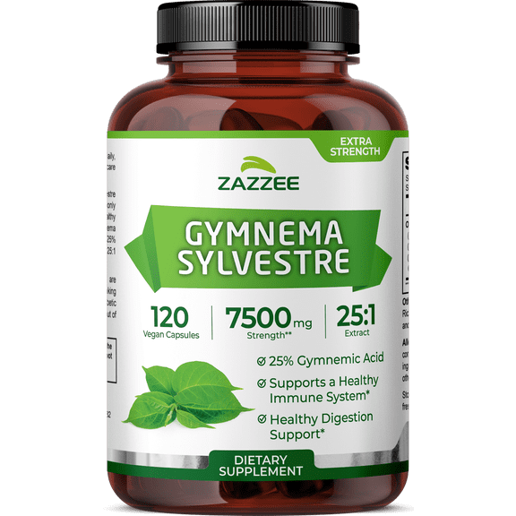 Zazzee Organic Gymnema Sylvestre 25:1 Extract 7500 mg Strength – 120 Vegan Capsules – Standardized to 25% Gymnemic Acid – Supports Healthy Blood Sugar & Sugar-Craving Control – All-Natural • Non-GMO