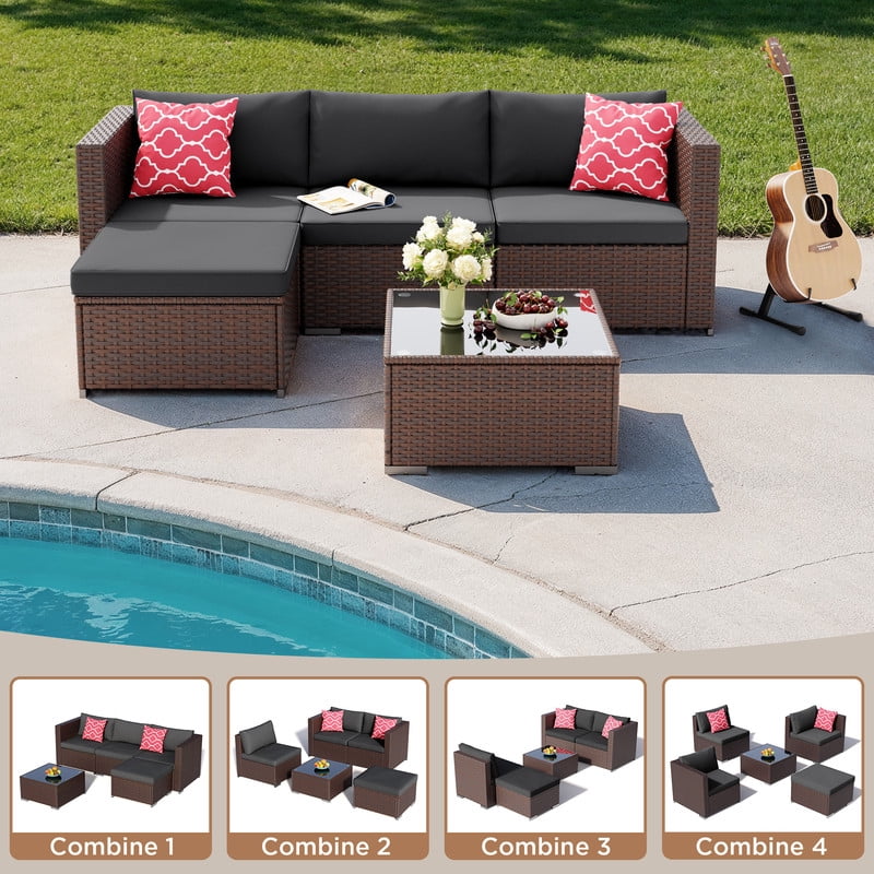 Patio Furniture Set, 5-Piece Outdoor Conversation Set with Tempered Glass Bistro Coffee Table & Plush Cushions, All-Weather PE Wicker, Rust-Resistant Metal Frame, Black