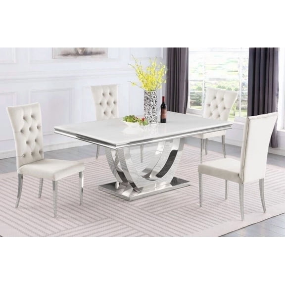 Modern 5pc Dinng Room Set, Marble Laminated Dining Table with Velvet Tufted Side Chairs, Beige