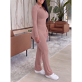 thumbnail image 4 of Two Piece Sets for Women Outfits Ribbed V Neck Top Flare Pants Set Track Suits Long Sleeve Top Jogger Legging Pants Lounge Workout Sets for women Pink L, 4 of 5