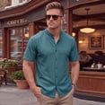 thumbnail image 2 of GrmtClth Mens Waffle Knit Stand Collar Button Down Shirt Casual Short Sleeve Ribbed Textured Knit Top Lightweight Breathable Solid Color Summer Daily Wear Fashion Tops Dark Green L, 2 of 9
