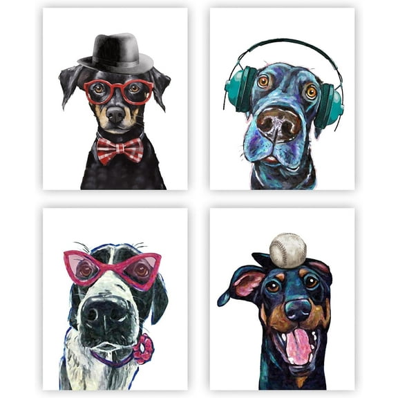 Dog Wall Art Abstract Puppy Canvas Prints, Unique and Colorful Home Decor for Dog Lovers and Pet Owners, Gift for Animal Enthusiasts, Set of 4, (8x10 Inches, Unframed)