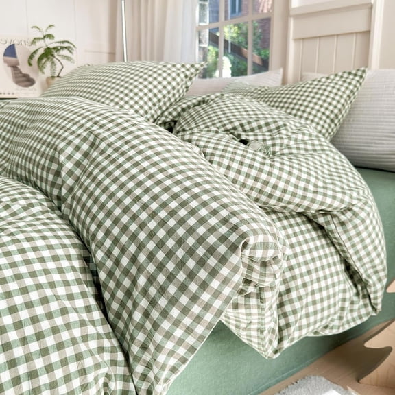 Green Gingham Comforter Set Twin XL SizeModern Style 3 Pieces Grid Checkered Pattern FluffyBoho Farmhouse Gingham Bedding with 2 Pillowcases