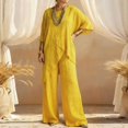 thumbnail image 2 of NMMUED Summer Women’s Cotton Linen 2 Piece Lounge Set Casual Outfits Asymmetrical Draped Top Wide Leg Pants with Pockets Relaxed Fit Lightweight Matching Loungewear Linen 2 Piece Set for Women, 2 of 5