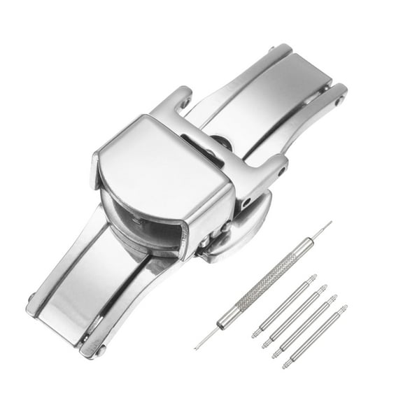 Uxcell Stainless Steel Deployment Clasp, 10mm Butterfly Folding Buckle with Spring Bars and Removal Tool for Leather Watch Band, Silver
