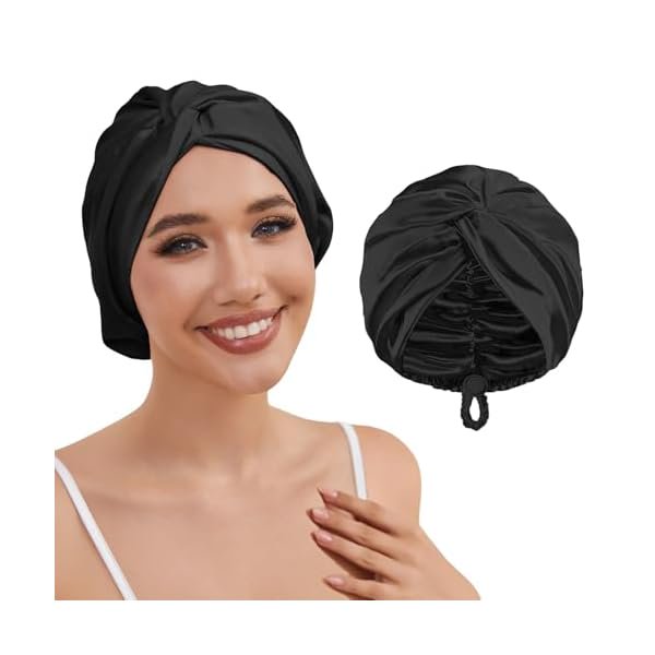 wonima11 Adjustable Silk Satin Hair Bonnet for Sleeping Women Hair Wrap, Double Layer Night Turban, Sleep Cap for Natural Curly Straight Unisex - Black