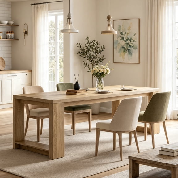 Fnova 86.6" Modern Dining Table for 8 People, Farmhouse Rectangular Narrow Extra Long Kitchen Table with Pedestal Base, Heavy Duty Dinner Table for Dining Room, Kitchen, Living Room
