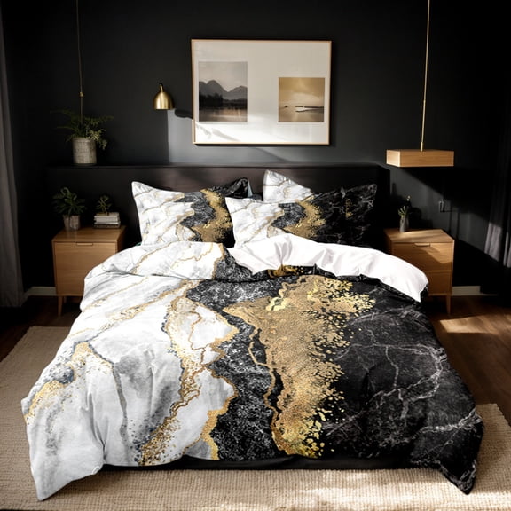 Orylavena Black and Gold Marble Microfiber Duvet Cover Set, Twin, 3-Piece