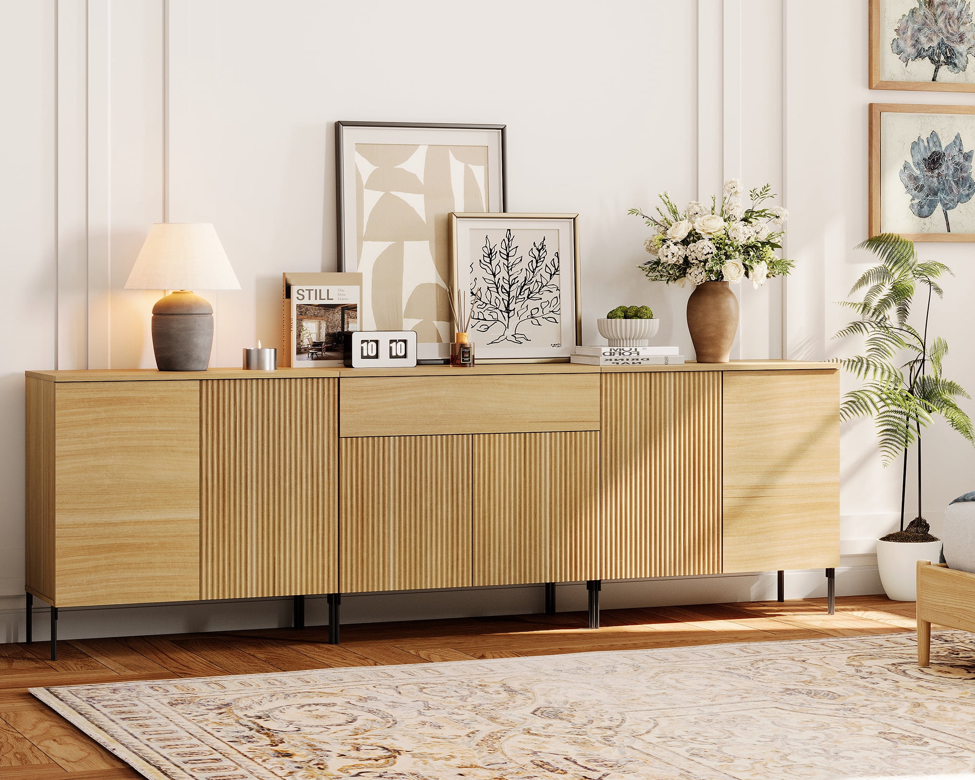 94.5" Modern Reeded Drawer Dresser Set with Doors for Bedroom, Minimalist Chest of Drawers with Storage, Wooden Dresser for Living Room, Bedroom, Entryway