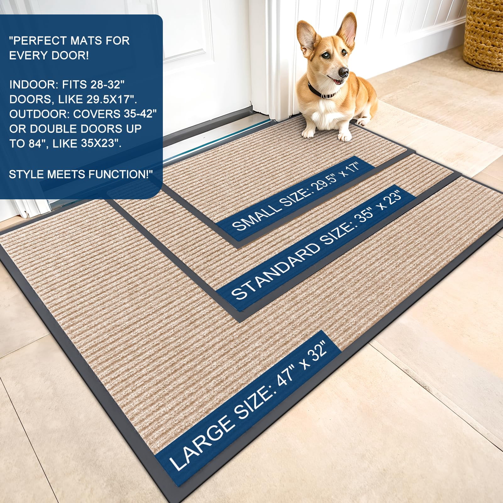 Front Door Mat Indoor Outdoor Entrance  2-pack 29.5 X 17 Inch Waterproof Heavy Duty Doormat Fade Resistant Low Profile Easy Clean Patio Porch Welcome Floor Mats For Entry Beige