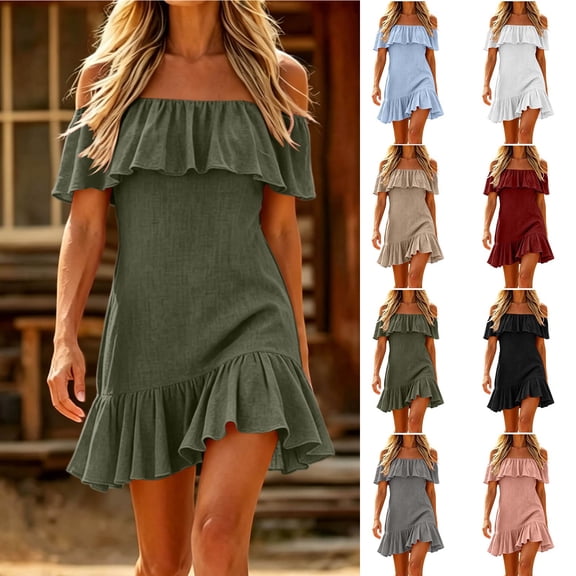 Smsaxvxz Women's Summer Dresses Fashion Solid Off The Shoulder Ruffle Casual Loose Mini Dress Army Green S