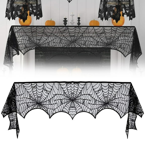 YAZHPA Halloween Decorations - Fireplace Mantle Scarf Cover, Black Lace Spider Web for Door, Window and Flowerbeds Decoration, Halloween Party Supplies