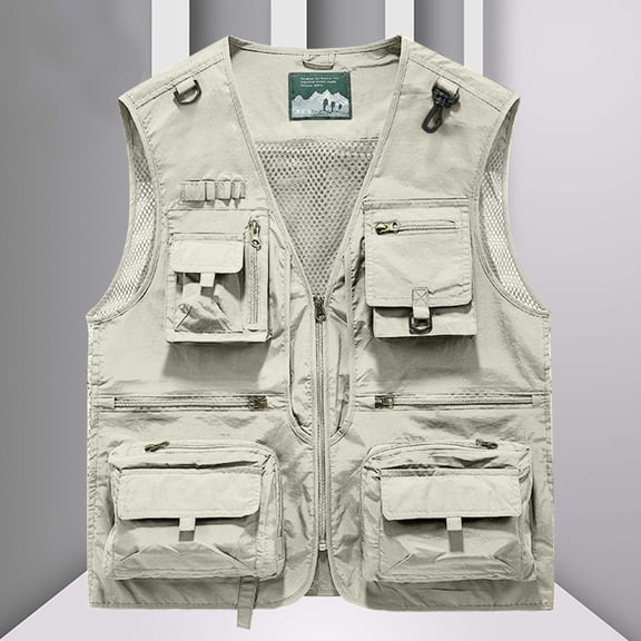 RKSTN Photography Vest for Men Zip up Hiking Jacket Sleeveless Quick Dry Plus Size V Neck Breathable Mesh Lining Work Vest with Multi Pockets (White ,XXXXL)