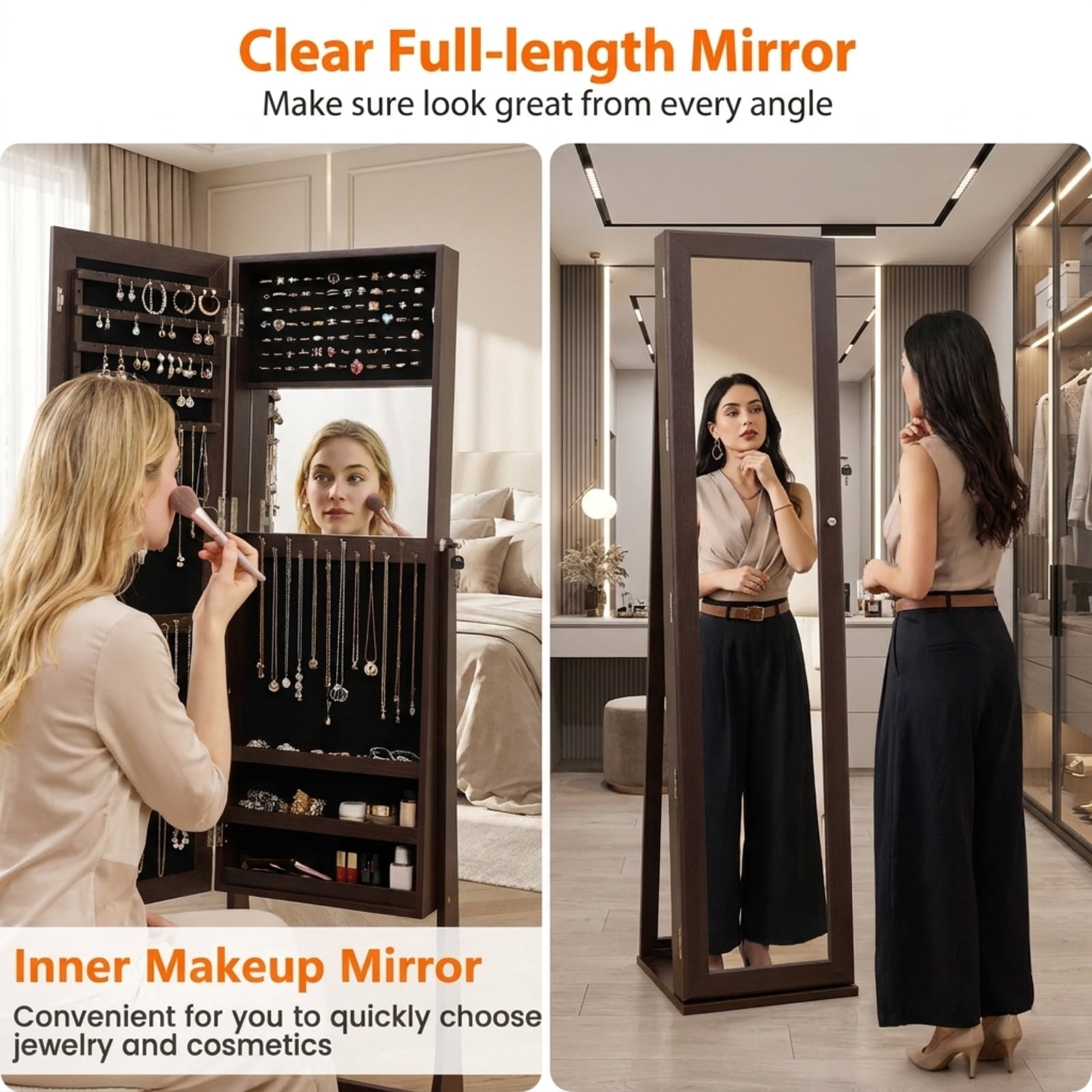 Furnibear Standing Lockable Jewelry Storage Organizer with Full-Length Mirror for Bedroom Dressing Room Jewelry Necklace Rings Storage Mirror, Coffee