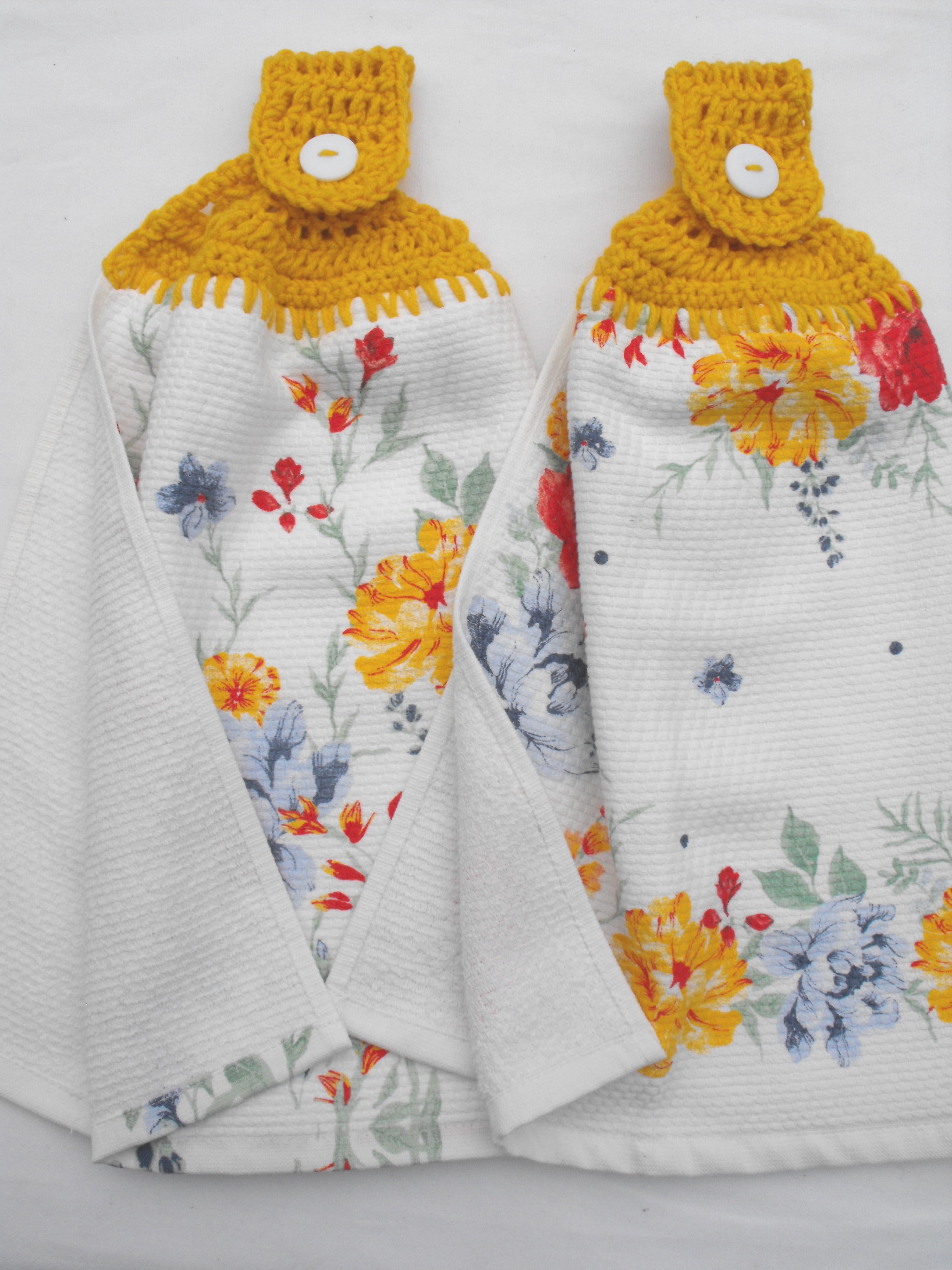 DELILAH YELLOW FLORAL - 2 DOUBLE/FULL HANDMADE CROCHET TOP HANGING KITCHEN TOWELS