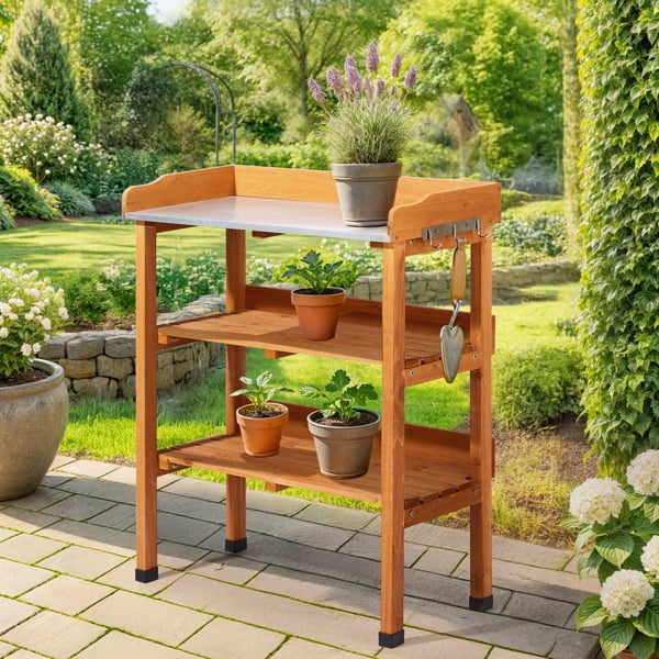 Outdoor Garden Potting Bench Table, Wooden Horticulture Planting Worstation with Metal Tabletop, 2 Storage Shelves, 3 Hooks