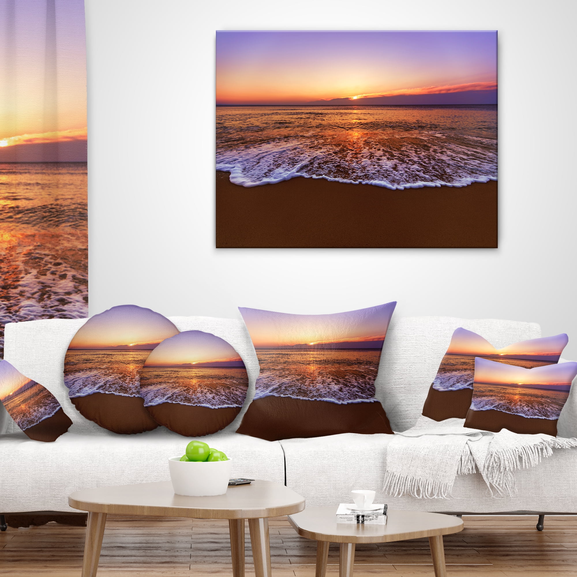 Designart Orange Tinged Sea Waters at Sunset - Beach Photo Throw Pillow - 16x16