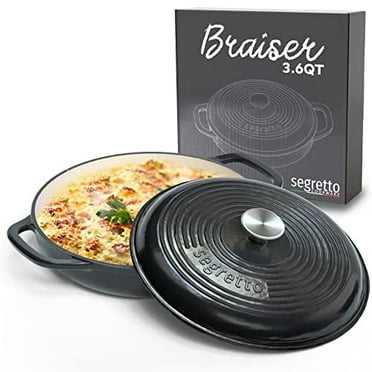 Segretto Cookware 3.6 Qt Enameled Cast Iron Braiser Pan, Black, with Cover and Handles