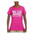 thumbnail image 2 of Wild Bobby My God Is Stronger Than Breast Cancer White Distressed Breast Cancer Awareness Women Graphic Tee, Fuschia, Medium, 2 of 6