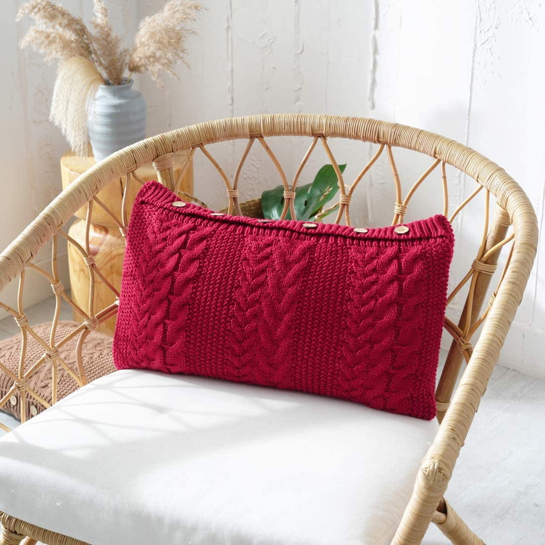 Decorative Lumbar Knitted Throw Pillow Cover with Insert Button Closure Warm Cozy Throw Pillows Cushion Red 14 x26 Walmart