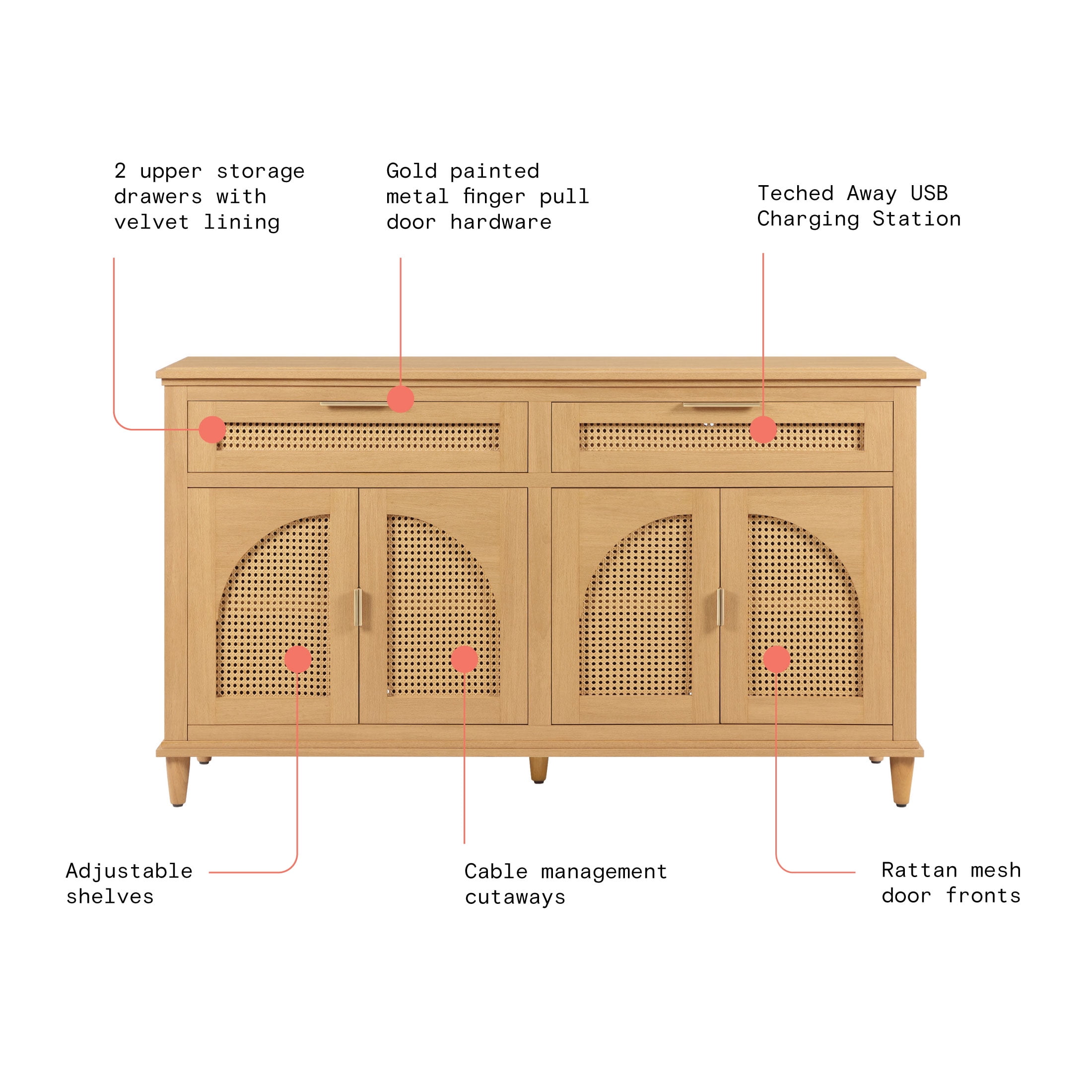 Beautiful Drew Rattan Media Console with Teched Away Drawer by Drew Barrymore, Warm Honey Finish