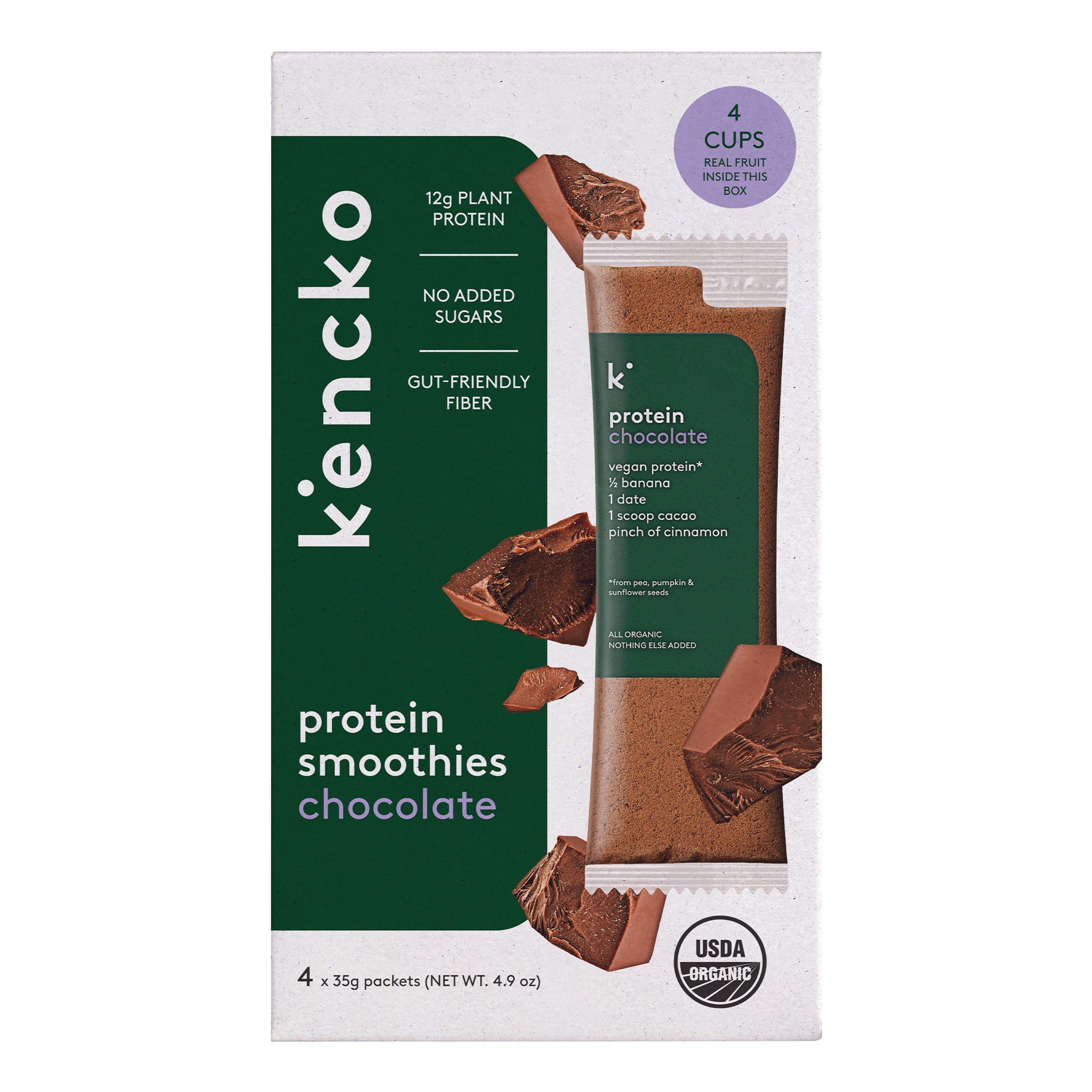 (4 pack) Kencko Chocolate Organic Instant Fruit & Veggie Protein Smoothies, Powdered Drink Mix, 1.23 oz, 4 Pack