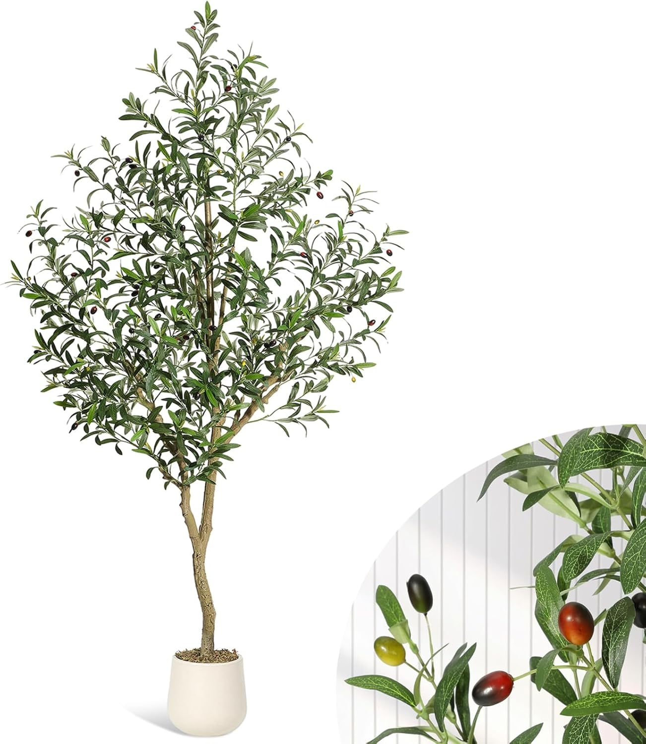 6FT Faux Olive Tree Tall,Olive Trees Artificia Indoor with White Planter and Green Moss, Fake UV Resistant Artificial Tree,for Home Office Living Room Bedroom Stairs Foyer Decor