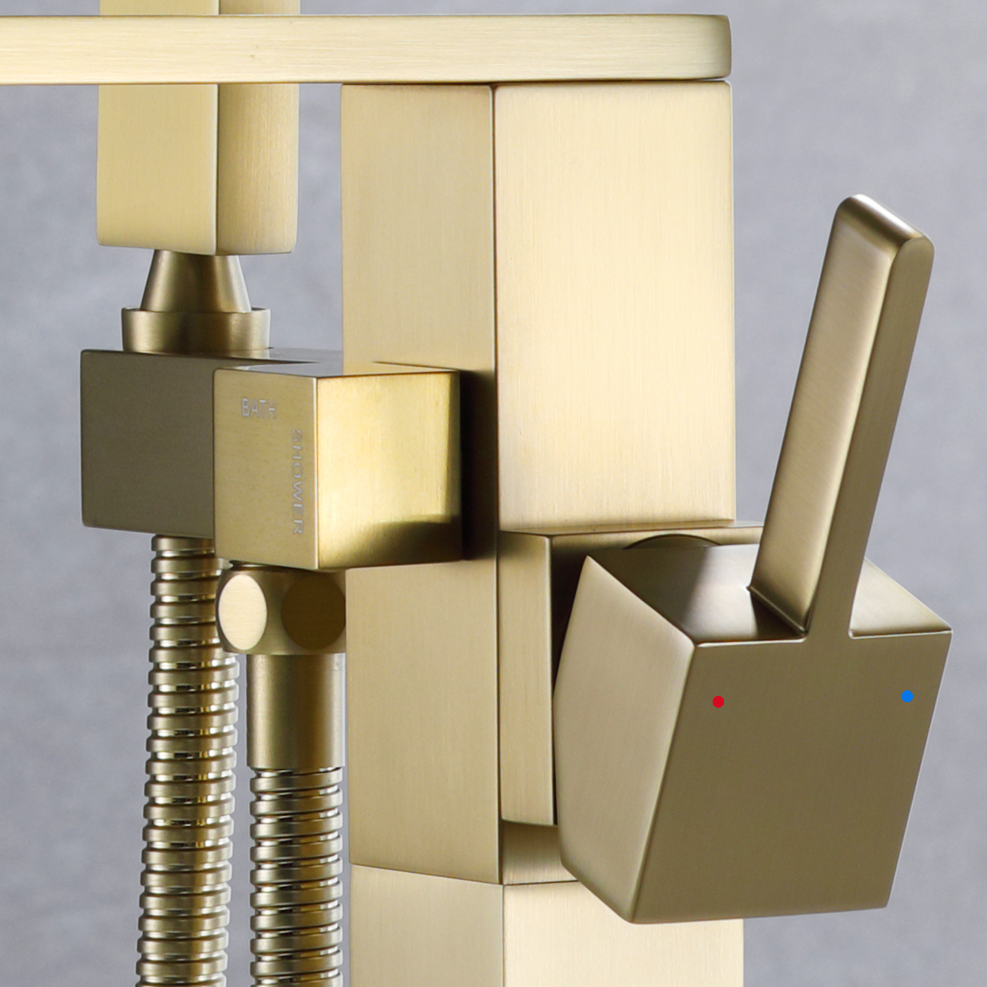 Wand Floor Mounted Bathroom Tub Filler with Hand Shower, Brass Freestanding Bathtub Faucet