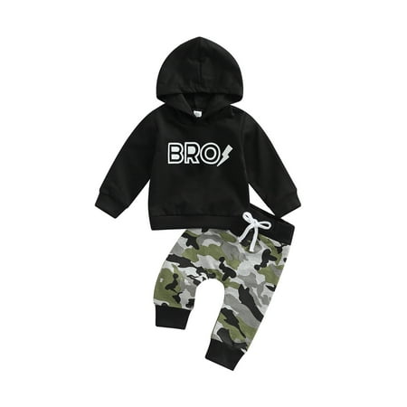 

CenturyX 2 Pcs Fashion Baby Boys Pants Set Long Sleeve Hooded Letters Print Pullover Hoodie Camouflage Sweatpants Autumn Outfit Black Bro 18-24 Months
