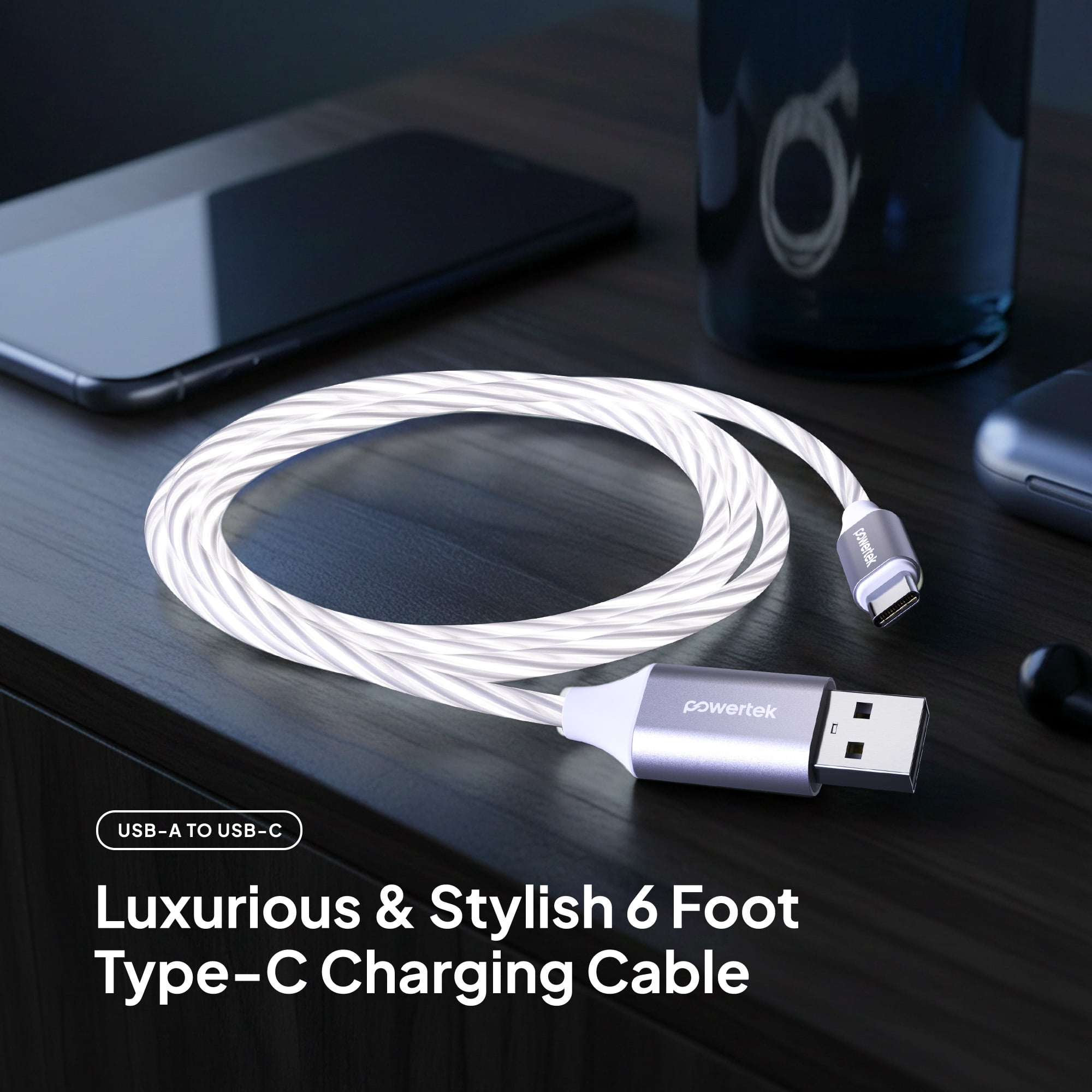 Powertek Light-Up USB-A to USB-C Charging Cable, 5 ft, White
