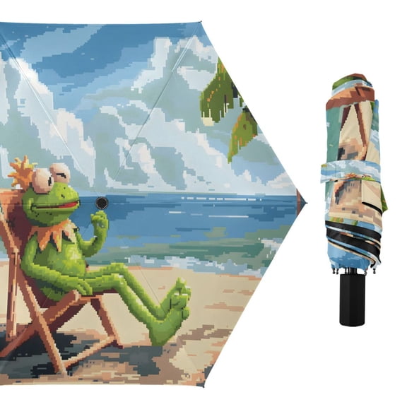 Frog Relaxing on Beach Compact Sun Umbrella Windproof Travel Umbrellas for Rain Strong Portable UV Protection