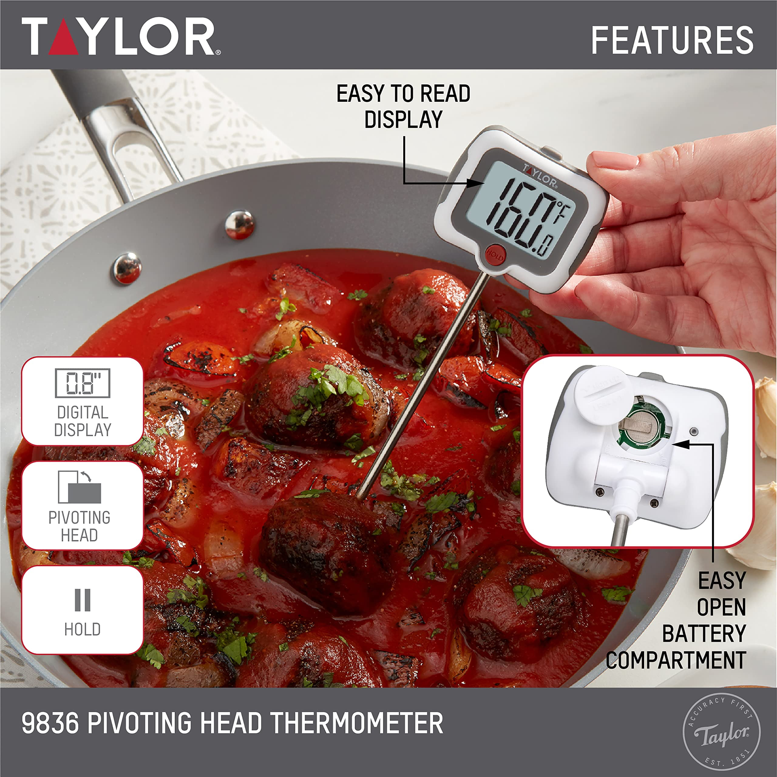 Taylor Pivoting Head Instant Read Digital Meat Food Grill BBQ Cooking Kitchen Thermometer with Protective Sleeve, Gray J101