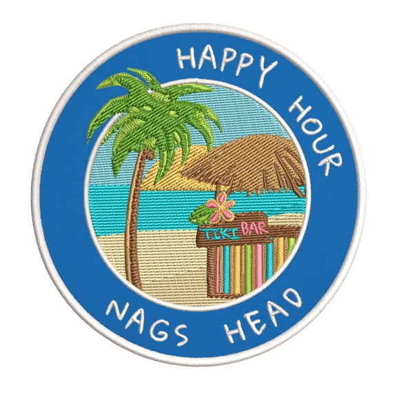 Happy Hour! Nags Head, North Carolina 3.5 Inch Iron Or Sew On Embroidered Fabric Badge Patch Ocean Beach, Salt Life Iconic Series