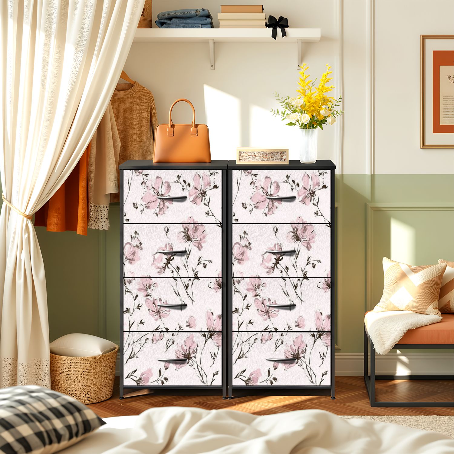 4 Drawer Vertical Storage Dresser abstract monochrome big flowers all textiles used for with Wood Top Fabric Pull Drawers