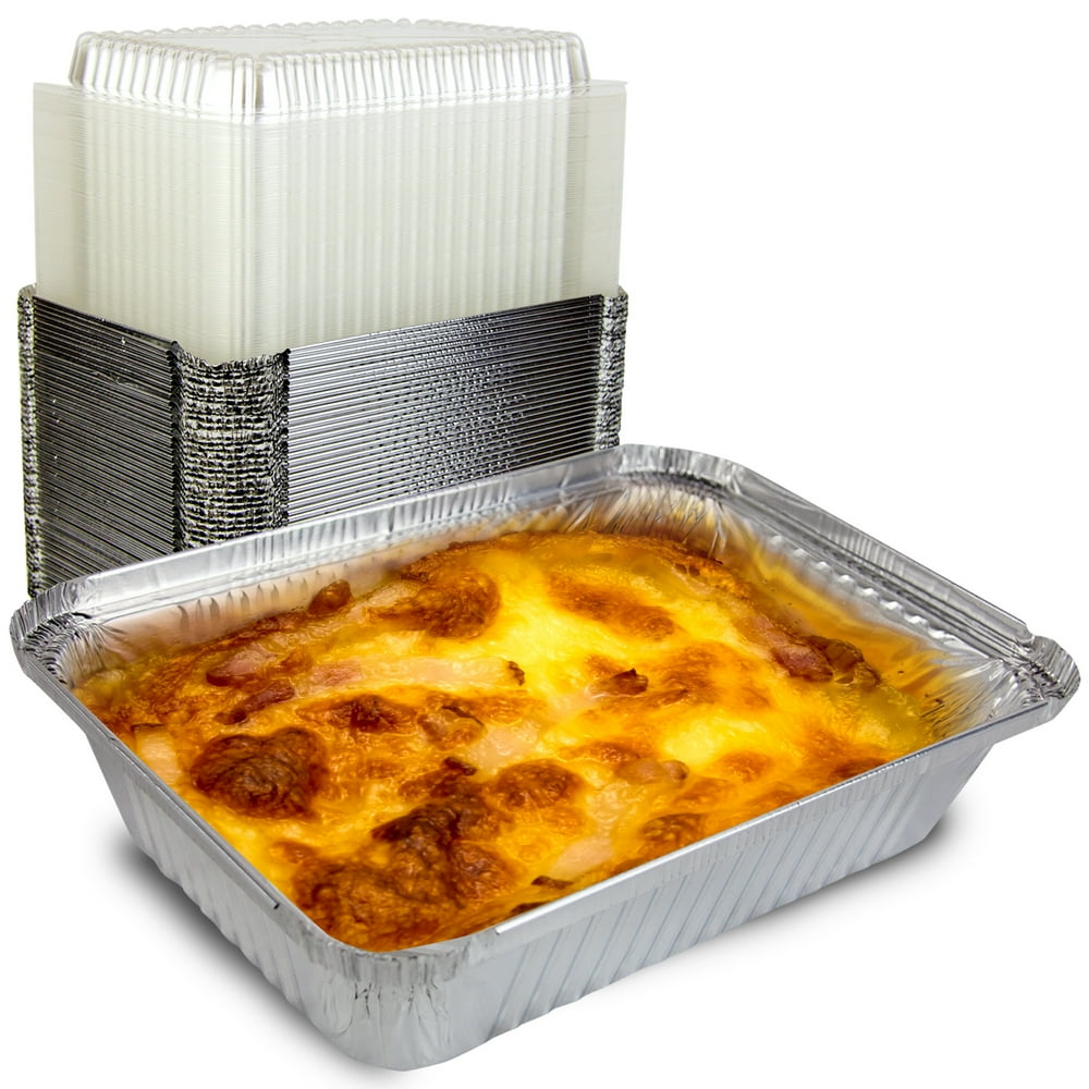 [50 Pack] Rectangular Disposable Aluminum Foil Pan Take Out Food Containers with Clear Plastic