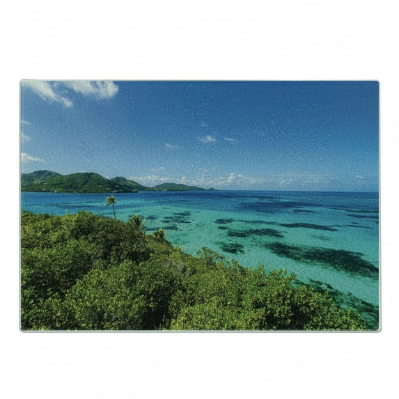 Coastal Cutting Board, Green Trees Clear Water Idyllic Beach Summer Vacation Tropical Seascape, Decorative Tempered Glass Cutting and Serving Board, Small Size, Blue Turquoise Green, by Ambesonne