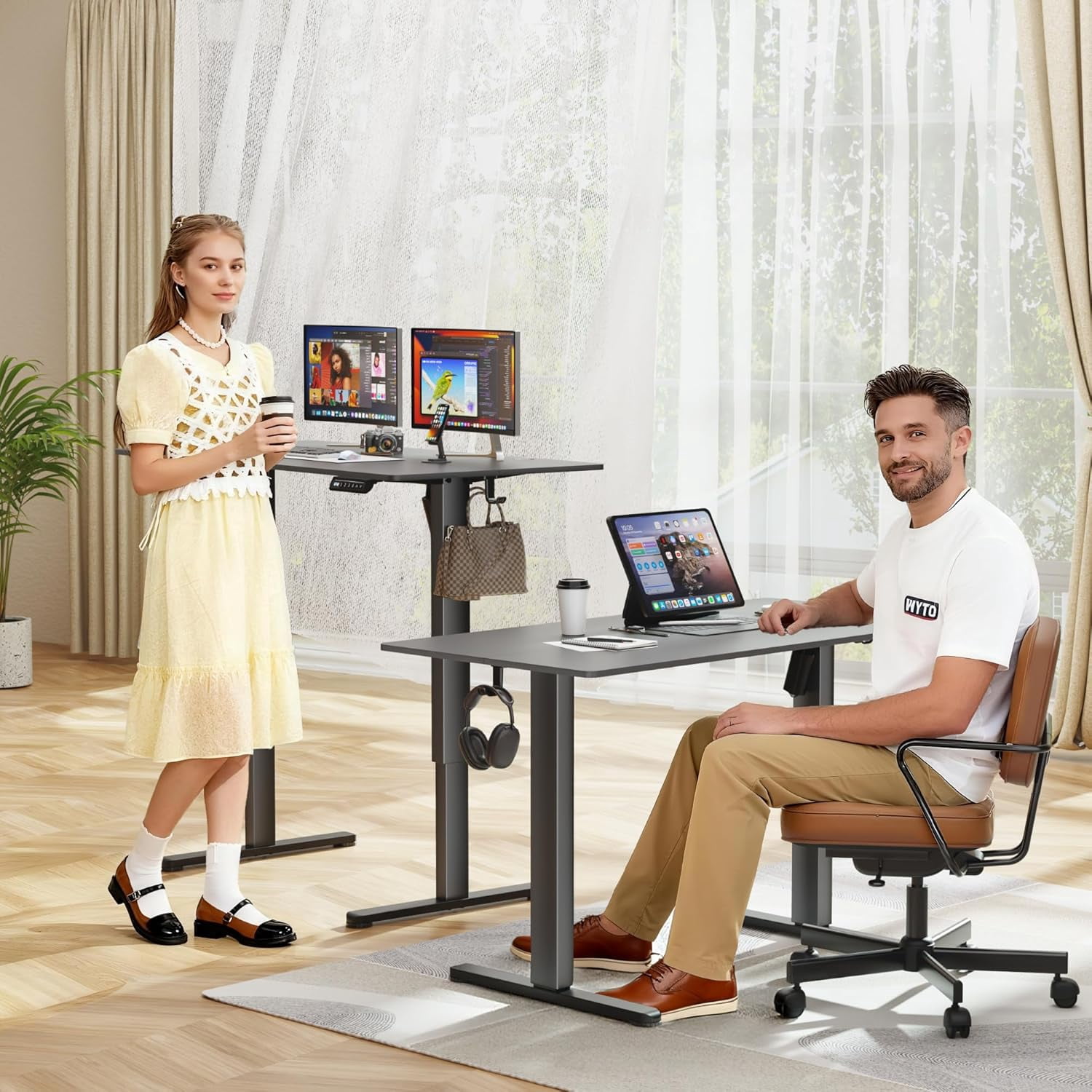 JessieMal Electric Standing Desk, 40 x 24 Inches Sit Stand up Desk, Sit Stand Height Adjustable Home Office Desk with 4 Height Position Memory - with Splice Board (Black, 40)