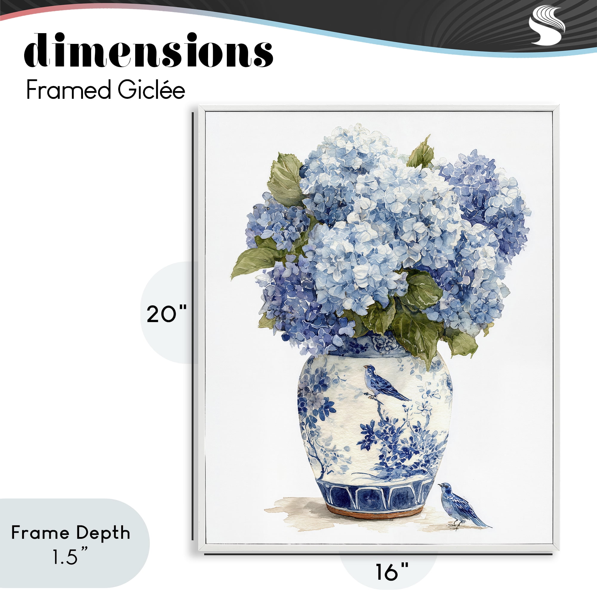 Stupell Industries Blue Bird & Hydrangea Vase White Framed Giclee Art, design by Imagine It Images