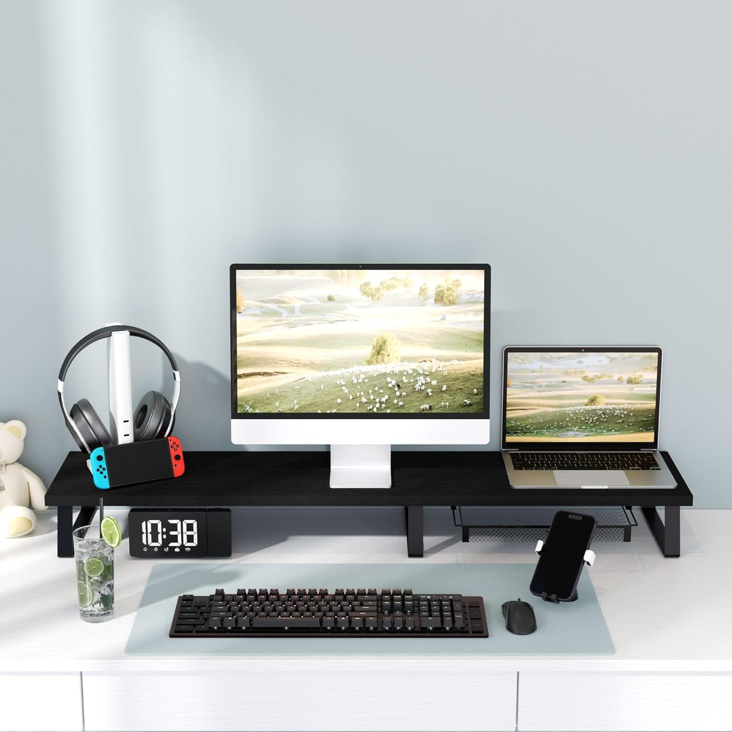 Wood Dual Monitor Stand Riser with Metal Legs and Drawer - Large Computer Desk Organizer for 2 Monitors, Laptop, Printer, TV - Black