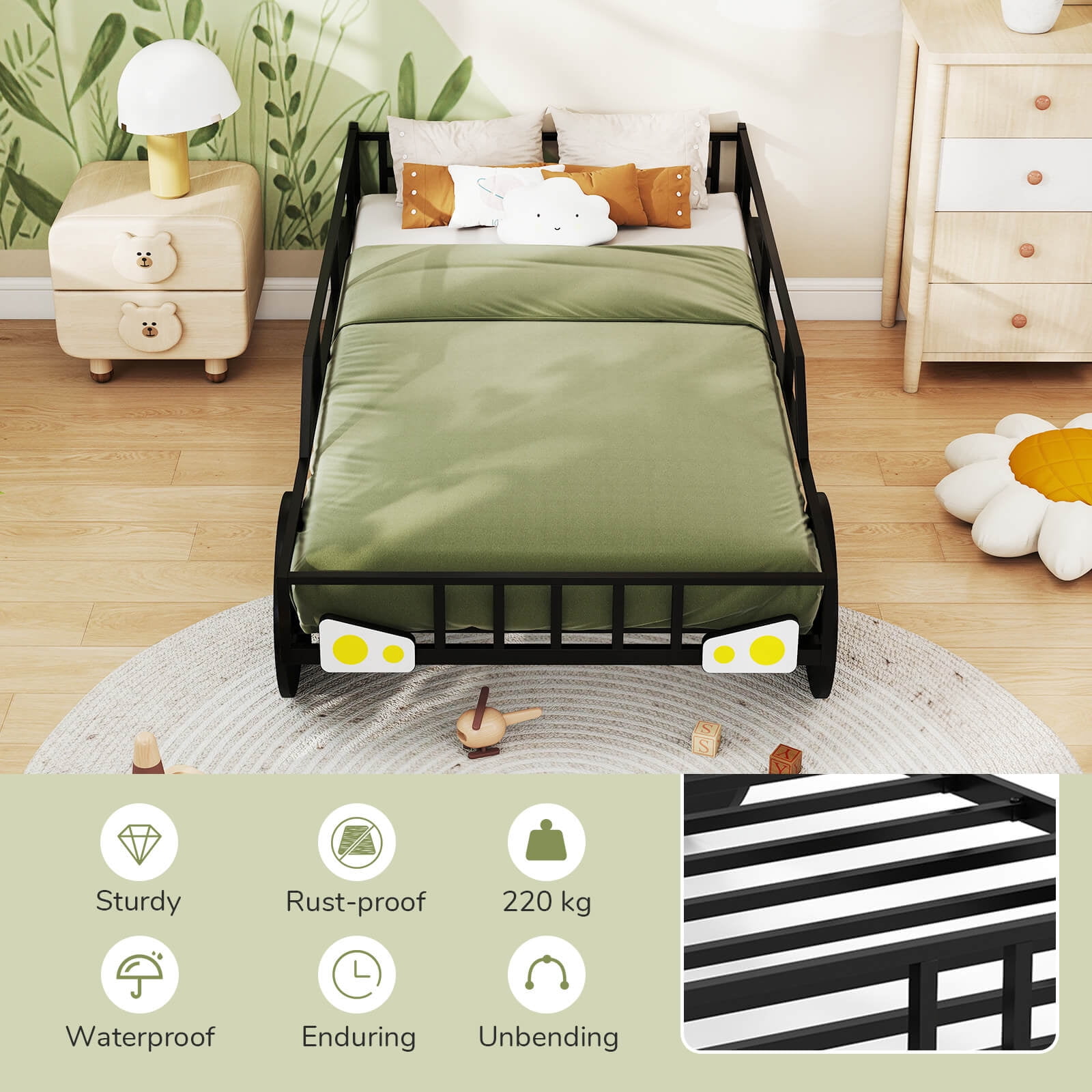 Costway Twin Car-Shaped Metal Bed Frame with Wheels Decorations Safety Guardrails