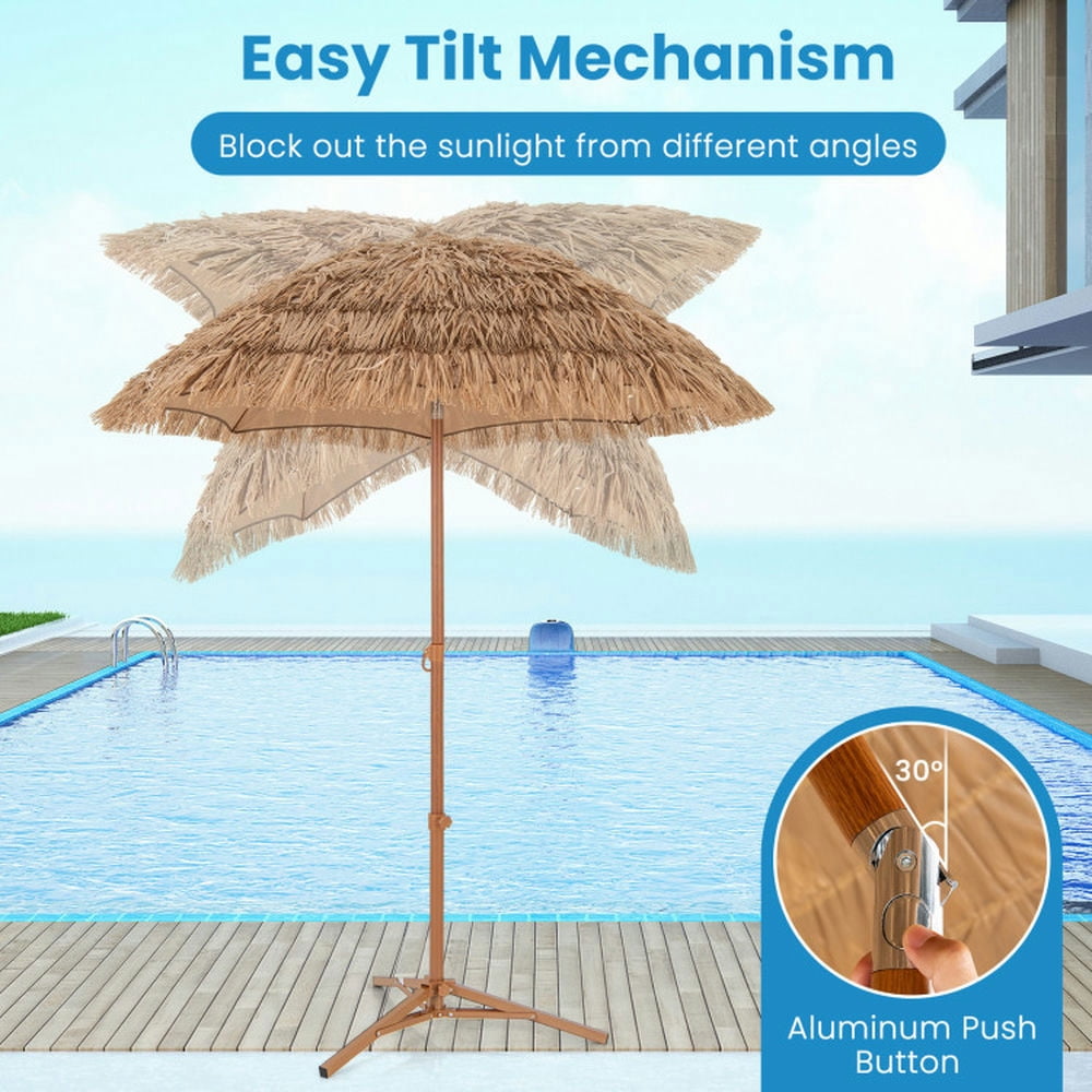 Aimee Lii 6.5 Feet Thatched Umbrella with Foldable Stand Push Button Tilt, Patio Umbrella, Outdoor Market Umbrella-Natural