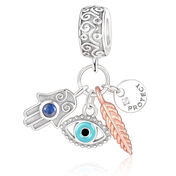 925 Sterling Silver Hamsa Hand Evil Eye Feather Dangle Charm for Bracelet Charms Bangle Pendant Jewelry