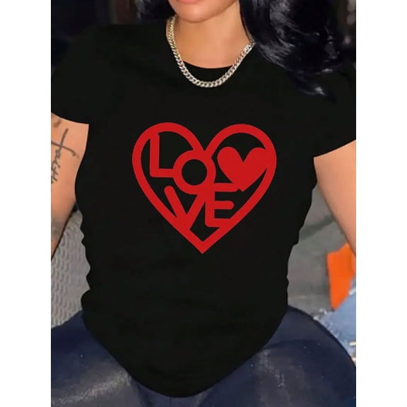 Valentine's Day Red Love Heart Women Short Sleeve Cotton Graphic T-Shirt