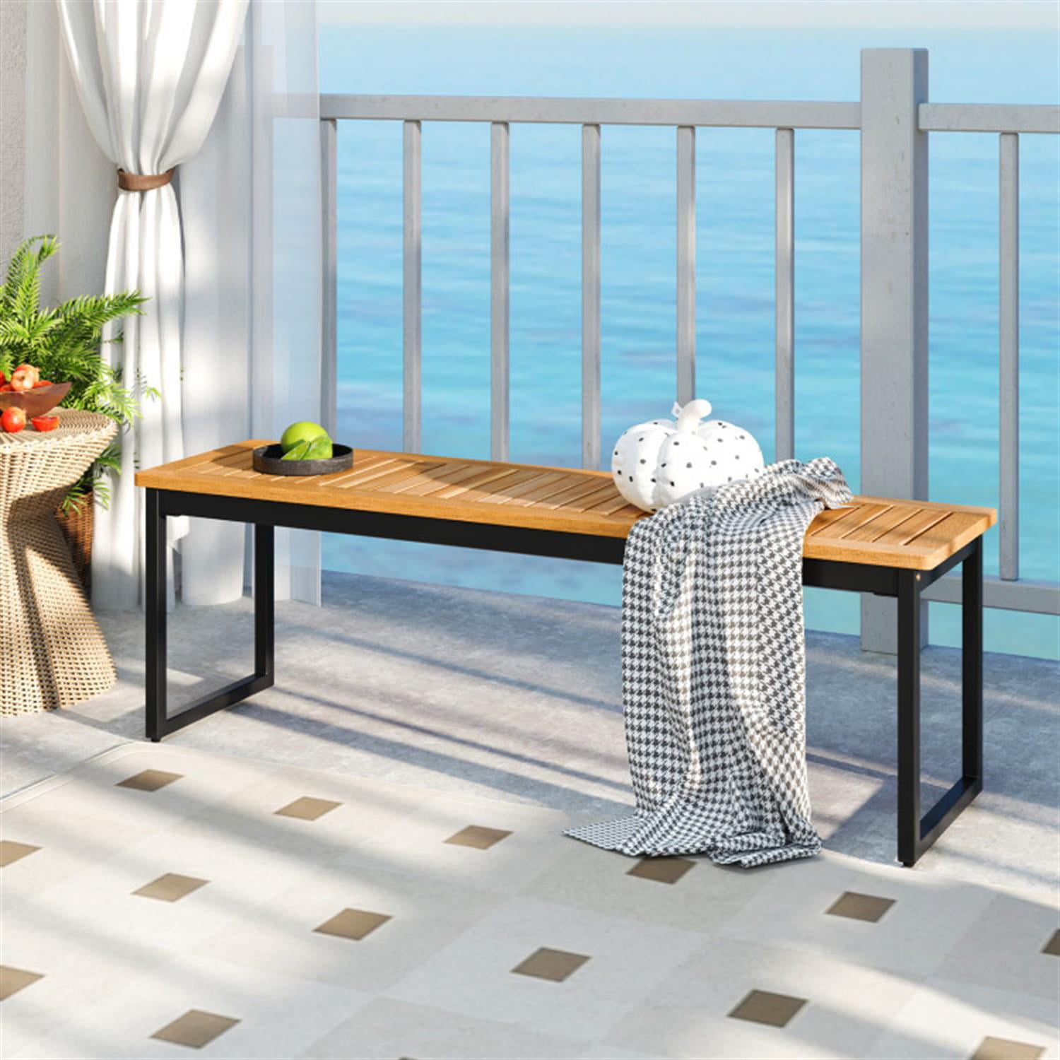 Demi Bonn Patio Outdoor Bench Backless with Slatted Seat and Metal Legs, Dining Bench for Garden Poolside Balcony, Beige