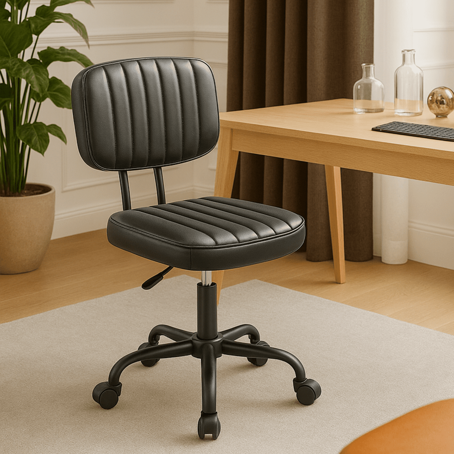 LIFERECORD PU Leather Armless Home Office Desk Chair, Small Ergonomic Task Chair for Adults and Students, Low Back Seating with Swivel, Adjustable Height, Rolling Wheels, Black